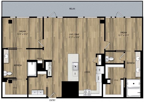 Floor plan for 2 beds, 2 baths, 1325 sqft